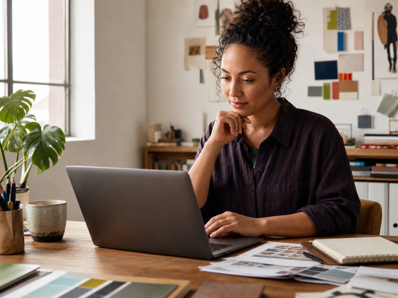 A creative reviewer assessing visual work at a laptop